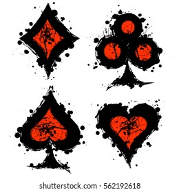 Vector set of black and red graphic illustration of sign of playig card with ink blot, brush strokes, isolated on the white. Series of artistic illustration with splash, blots and brush strokes