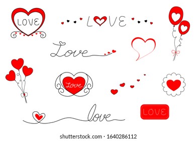 Vector - Set of black and red heart icon on white background. Romance and love concept. Clip art. Can be use decorate for and card, sticker, icon, web, label, badge, logo.