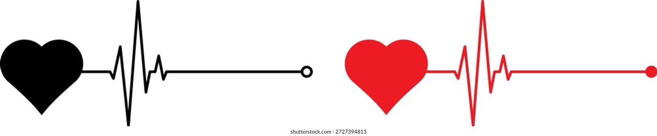 Conjunto de Vector de líneas de pulso de pulso de EKG de latidos cardíacos negros y rojos con iconos cardíacos para monitoreo médico, atención médica y diseño cardiológico