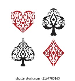 Vector set of black and red playing card with decorative ornament. Isolated objects on white background