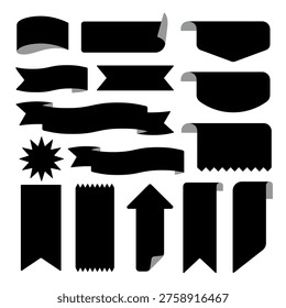 Vector set of black ribbon and banner silhouettes in various shapes, including arrows and starburst, ideal for design and decoration purposes.