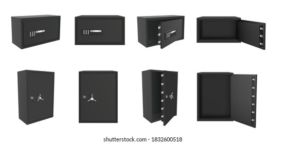 Vector set of black safe box isolated on white background. Realistic 3d objects for banking and money saving deposit. Open and closed empty metal safe box with lock and vault