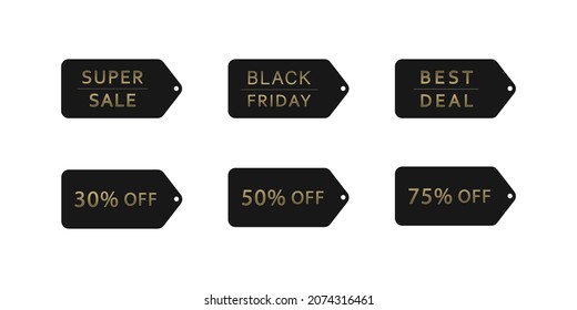Vector set of black sale tags and labels. Super deal, black friday, best offer, discount. Simple elegant golden text design. printable, suitable for social media marketing.