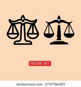 Vector conjunto de iconos de escalas negras sobre fondo de melocotón para conceptos de justicia y equilibrio