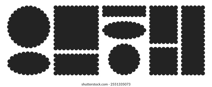 Vector set of black scalloped border in different shapes. Circle, square, oval and rectangle forms with frill lace edges. Scallop labels, flower frames or curved text box elements on white background