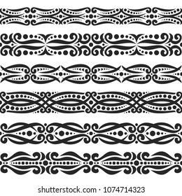 Vector set of black seamless borders, 6 decorative repeat ribbons of oriental style, design elements for create frames, ornate tape decorations with arabic ornament on white background.