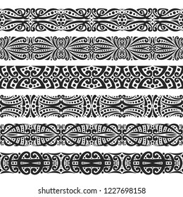 Vector set of black seamless borders, 6 decorative repeat ribbons of oriental style, design elements for create frames, ornate tape decorations with arabic ornament on white background.