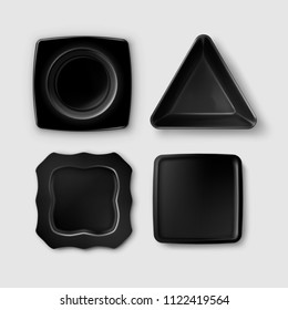 Vector set of black shaped square and triangular plates, top view isolated on gray background