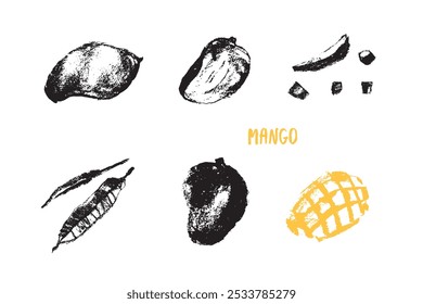 Conjunto de Vector de Plantillas de signo negro. Ilustraciones de color aisladas - dibujos a mano alzada crudos - mango doodle - mangos de cocina vegana dibujados a mano, frutas orgánicas o comida vegetariana. Fruta tropical natural.