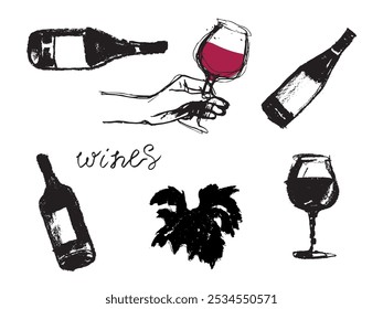 Conjunto vetorial de modelos de sinais pretos. Ilustrações a cores isoladas de mão com copo de vinho - garrafa de vinho tinto desenhos à mão livre - vinho doodle - conceito vinícola desenhado à mão, vinhos orgânicos.