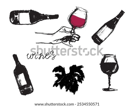 Vector set of black sign templates. Isolated color illustrations of hand with wineglass - bottle red wine freehand drawings - doodle wine - winery concept hand drawn, organic wines.