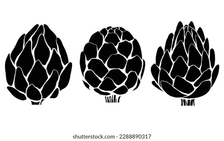 Vector set of black silhouette artichokes isolated from background. Collection icons of head of cabbage healthy vegetables. Natural healthy food clipart for logo.