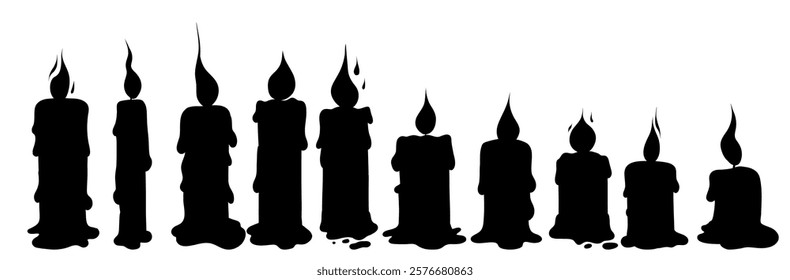 Vector set of black silhouette of burning candles isolated from background. Cliparts collection of monochrome holiday wax candles for cards infographic