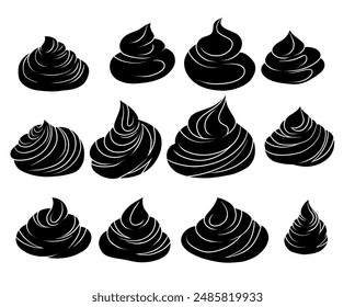 Conjunto de Vector de merengues y cremas de dibujos animados de silueta negra aislados del fondo. Colección de zéfiros monocromos. Clipart de yogur batido para recetas, pegatinas