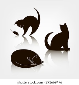 Vector set of black silhouette cat icons, logo templates. Cat playing with mouse, sitting cat, sleeping. Isolated with reflection