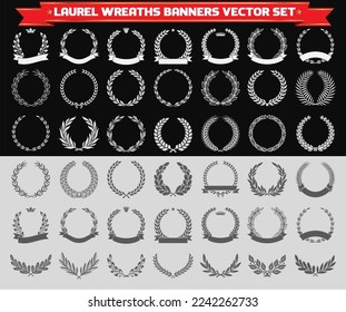 Vector set black silhouette circular laurel foliate