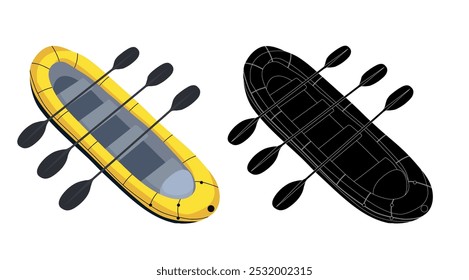 Conjunto de Vector de silueta negra e ilustración colorida de la vista superior del rafting aislado del fondo. Colección de las artes del Clip de estilo de vida deportivo activo. Hobby del deporte acuático del verano para el icono, su diseño