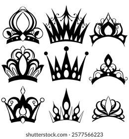 Vector set of black silhouette of crowns and tiaras. Collection of monochrome mediaeval wreath and crowns of kings and queens. Luxury signs of monarchy for icons