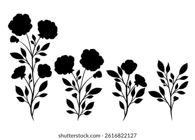 Vector set of black silhouette of flowers. Monochrome collection of wild flowers clip arts isolated from background. Blooming floral arrangement for stickers