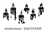 Vector set of black silhouette of flowing paraffin candles with fire isolated from background. Aromatherapy and festive icons. Monochrome candle wax tops.