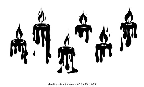 Vector set of black silhouette of flowing paraffin candles with fire isolated from background. Aromatherapy and festive icons. Monochrome candle wax tops.