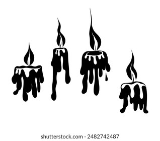 Vector set of black silhouette of flowing wax candles with fire isolated from background. Aromatherapy and festive monochrome icons. Candle paraffin tops.