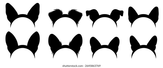 Vector set of black silhouette of hair bands with dog ears clip art  isolated from background. Collection of accessories with dog ears of different breeds for stickers, costumes