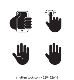 Vector Set Of Black Silhouette Hand Icons, Signs Isolated. Hand, Holding Iphone Apple, Voting Hand, Palm, Clicking, Pushing The Bottom Hand