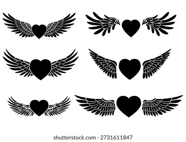 Vector set of black silhouette of hearts with angel wings. Valentines day symbol.  Monochrome festive collection of love symbol clip art for stickers and cards.