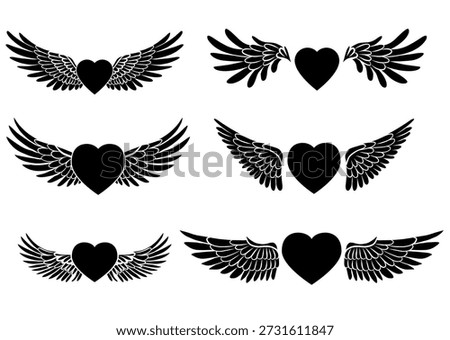 Vector set of black silhouette of hearts with angel wings. Valentines day symbol.  Monochrome festive collection of love symbol clip art for stickers and cards.