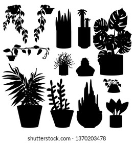 
Vector set black silhouette of home flowers in pots