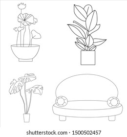 Vector set black silhouette of home flowers in pots