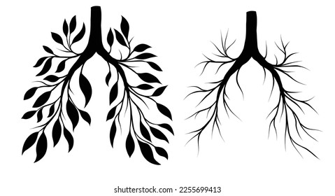 Vector set of black silhouette of human lungs from leaves and branches. Withering health. Old human organ. Earth seasons. Monochrome concept art of summer and winter lungs isolated from background.