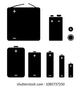 Vector Set of Black Silhouette Icons of Different Types Batteries