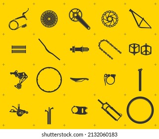 Vector set of black silhouette icons of bicycle spare parts. Yellow background.