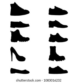 Vector Set of Black Silhouette Illustrations - Different Shoes, Boots and Sneakers