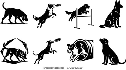 A vector set of black silhouette illustrations showing dogs in various activities such as sniffing, jumping, running, sitting, and performing agility exercises. Perfect for pet branding, dog training infographics, veterinary materials, and design projects highlighting canine behavior and lifestyle.