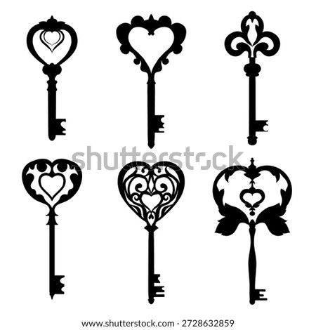 Vector set of black silhouette of keys with hearts. Monochrome collection of vintage keys. A Valentine Day symbol for stickers, cards, and games.