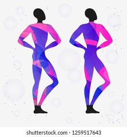Vector set Black silhouette man athlete and abstract blue and pink gradient and transparency lines pattern for sportswear