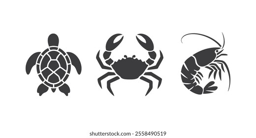 Vector set of black silhouette marine icons featuring a turtle, crab, and shrimp on a white background