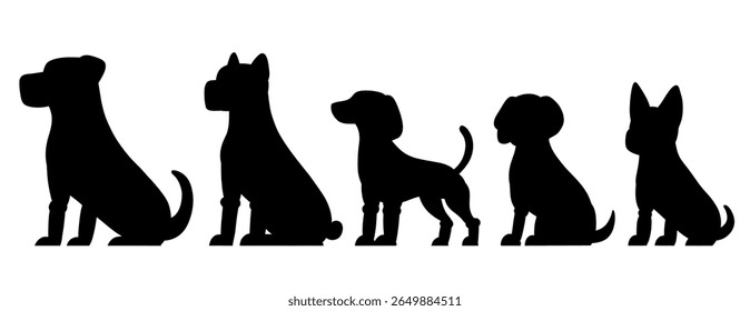 Vetor conjunto de silhueta preta de cães mecânicos vários raça. Coleção de robôs monocromáticos cachorrinhos clip arts. Animais do futuro para cartões e autocolantes
