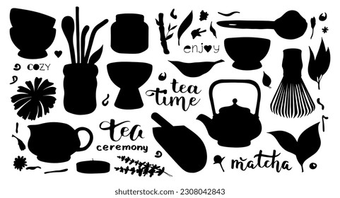 Vector set black silhouette picture of tea matcha powder. 
Doodle style illustration. tea leaves, teapot, macarons, spoon, traditional cup, whisk, tools for Japanese ceremony. 