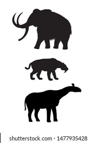 Vector set of black silhouette of prehistoric animals: mammoth, saber-toothed tiger and indricotherium isolated on white background