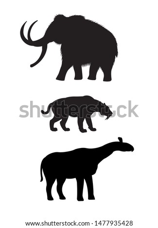 Vector set of black silhouette of prehistoric animals: mammoth, saber-toothed tiger and indricotherium isolated on white background