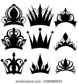 Vector set of black silhouette of queens crowns and tiaras. Collection of mediaeval wreath and crowns of kings icons. Luxury signs of monarchy isolated from background