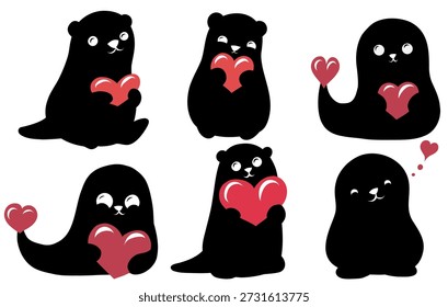 Conjunto de Vector de silueta negra de foca y nutria con corazones. Día de San Valentín colección de arte de Clip animal dibujado a mano lindo para pegatinas y tarjetas. 