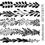 Vector set of black silhouette seamless borders with twigs isolated from background. Nature monochrome collection of horizontal friezes with stems with leaves for brushes, frames and dividers