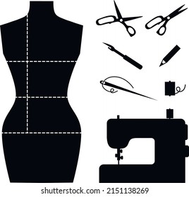 Vector set: black silhouette of sewing equipment. Tailoring scissors, seamstress ripper, pencil, needle and thread, machine, female mannequin with body measurement by dotted line. Isolated on white.