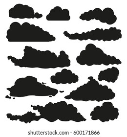 Vector Set of Black Silhouette Shapes of Clouds on White Background