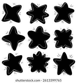 Vector set of black silhouette stars with scribble strokes. Childish collection of naive stars clip arts for stickers and planners